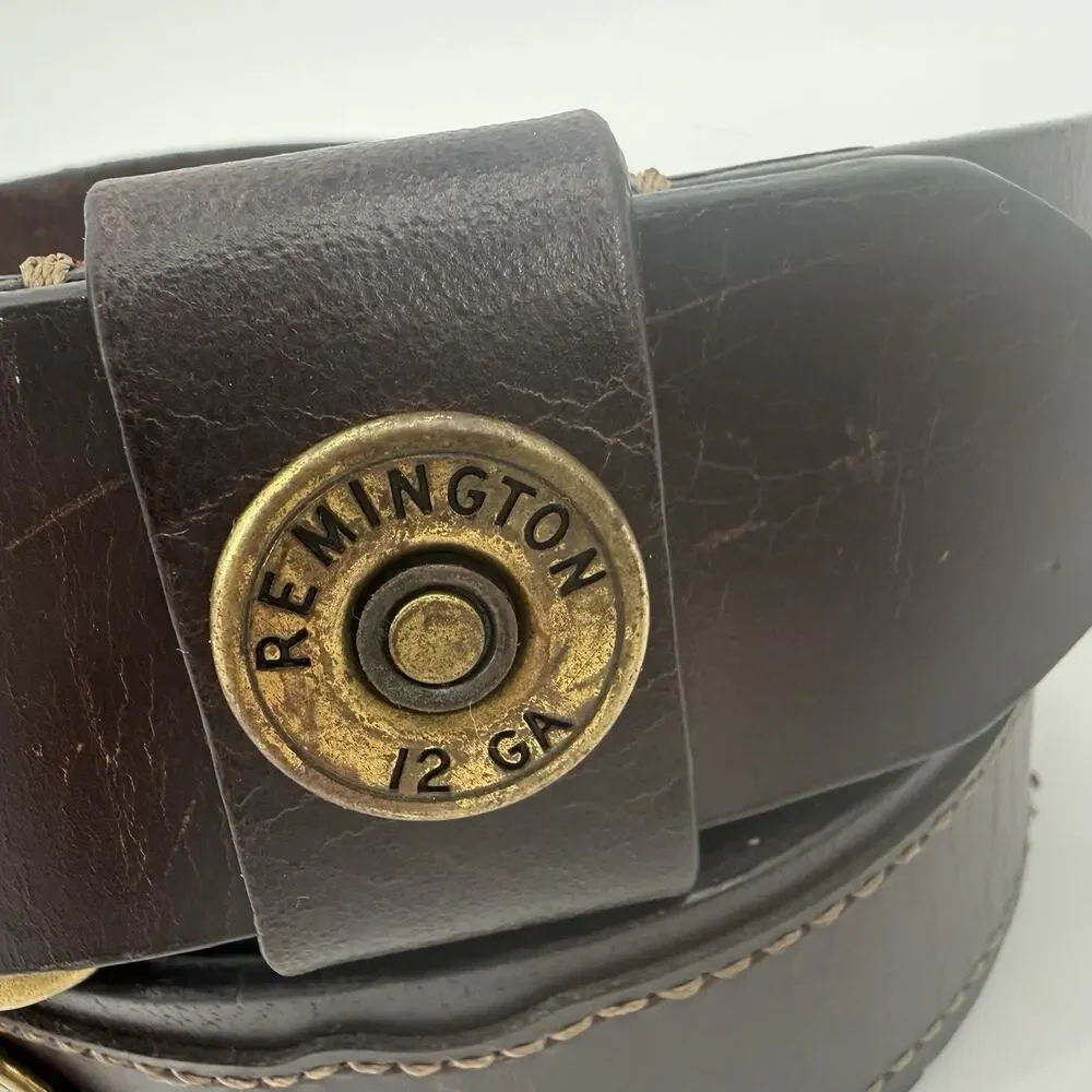 Remington Mens SZ 42 Brown Leather 12 GA Gauge Shell Belt Brass Buckle Concho